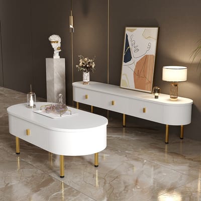 BLACKCOLORS Lichte en luxe combinatie van tv-meubel en salontafel, woonkamerset, met lades, afgeronde hoeken