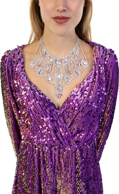 KIMU® Grote Diamanten Zilveren Halsketting - Ketting Zilver Glitter Glamour - Steentjes Kristallen Luxe Chic Gala Strass Feest Dames Heren Volwassenen Festival