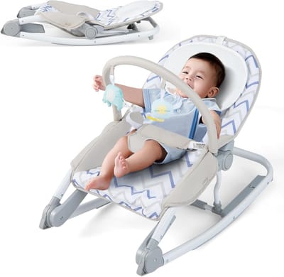 COSTWAY 2-in-1 babywip, inklapbaar, draagbare babyschommel met 3-traps verstelbare rugleuning en afneembare speelboog, babywip met veiligheidsgordel, babywieg tot 9 kg belastbaar (grijs + wit)