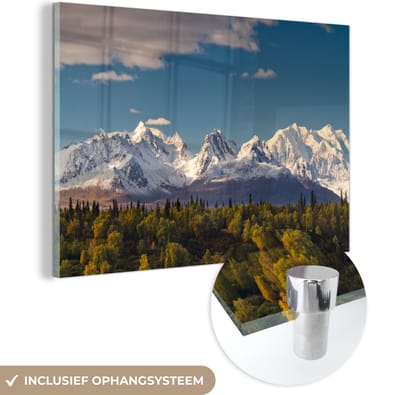 ® Glasschilderij 180x120 cm - Schilderij acrylglas - Zicht op Mount McKinley in het herfstseizoen in het Nationaal park Denali - Foto op glas - Muurdecoratie woonkamer - Wanddecoratie slaapkamer - Schilderijen