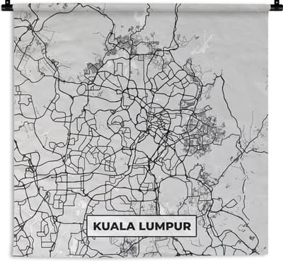 Wandkleed - Wanddoek - Kaart - Kuala Lumpur - Stadskaart - Plattegrond - Zwart Wit - 180x180 cm - Wandtapijt
