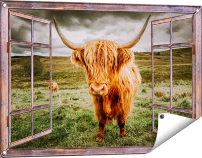 Gards Tuinposter Doorkijk Schotse Hooglanders in de Weide met Wolken - 90x60 cm - Tuindoek - Tuindecoratie - Wanddecoratie buiten - Tuinschilderij