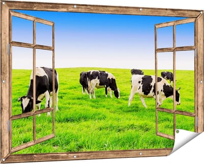 Gards Tuinposter Doorkijk Kudde Koeien in de Wei - Hemel Blauwe Lucht - 150x100 cm - Tuindoek - Tuindecoratie - Wanddecoratie buiten - Tuinschilderij