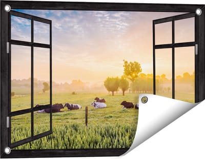Gards Tuinposter Doorkijk Koeien in de Wei tijdens Zonsopgang - 60x40 cm - Tuindoek - Tuindecoratie - Wanddecoratie buiten - Tuinschilderij