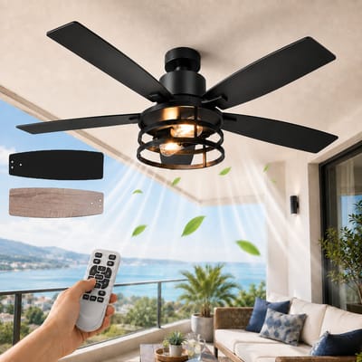 MUPOO Zwart Industrieel XXL Plafondventilator met Verlichting 132 cm -DC Motor <30dB&Afstandsbediening -Zomer- en winterstand- 6 Snelheden & Timer -voor Eetkamer ,Woonkamer & Terras-Walnoot houten ventilatorbladen