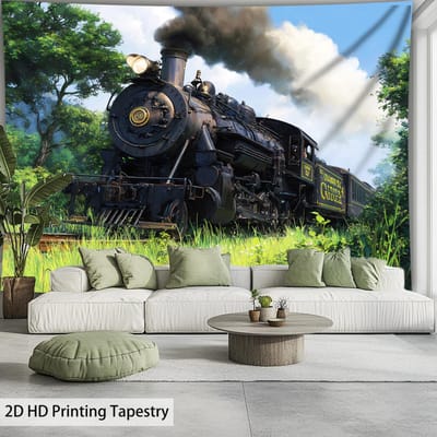 Vintage Stoomtrein Wandkleed Klassieke Locomotief Natuurlandschap Muurdecoratie Spoorweg Decor Woonkamer Kunstprint 70x100CM black