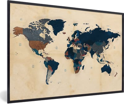 Poster in fotolijst kinderen - Wereldkaart - Vintage - Papyrus - Kinderen - Jongens - Meisjes - Kinderkamer decoratie - 90x60 cm - Poster kinderkamer - Schilderij voor kinderen