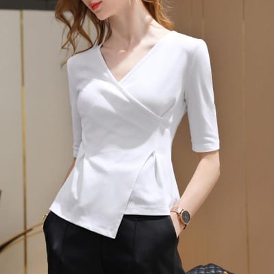 T-shirt à manches mi-longues pour Femmes Nouveau T-shirt en Coton à Manches Courtes et Col en V Croisé pour Femmes Haut Chic de Niche Asymétrique Ajusté à la Taille 3XL gray