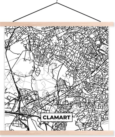 Posterhanger incl. Poster 40x40 cm - Schoolplaat - Kaart - Plattegrond - Frankrijk - Clamart - Stadskaart - Zwart wit - Textielposter - Blanke latten - Stadskaart