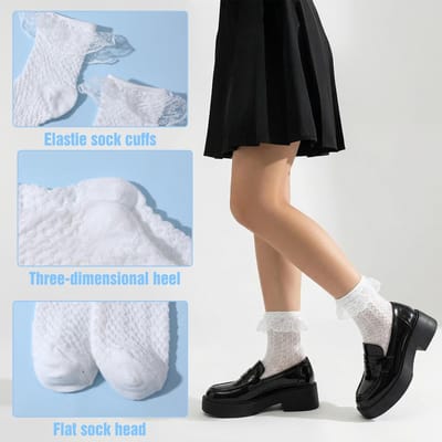 Dailygoods- Sokken met Ruches - Dames Sokken - Korte Sokken - Elegante Kanten - Zachte/Ademende Pasvorm - Hoogwaardig Polyester - Dameskousen