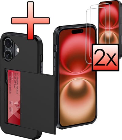 Hoes Geschikt voor iPhone 16 Hoesje Pasjeshouder Hard Cover Met 2x Screenprotector Shock Proof Hard Case Hoes Met Kaarthouder - Zwart