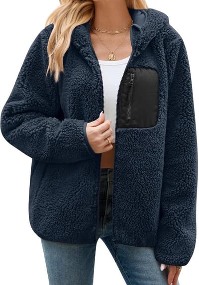 Dames Teddy Fleece Hoodie met Rits en Capuchon - Warme Casual Trui voor Herfst Winter