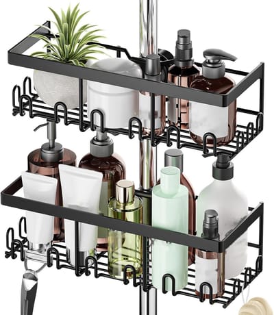 Doucheplank zonder boren, 2 stuks douchestang-opbergrek, roestvrij staal, voor douchestang van 18 tot 25 mm, zwart, badkamerorganizer, shampoo-houder voor douche