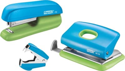 Rapid Mini Nietmachine F5 En Perforator Set - Perforteert To 10 Vel - Voor Mappen En Ringbanden - Blauw/Groen - Ideaal Voor School Of Studie