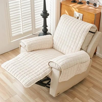 1-zits Relaxfaashoezen Flanel Pluche Fauteuilhoes met Zakken Relax Fauteuils Sofamat Stoelhoes Thuis 1 Seat (53x190cm)S beige