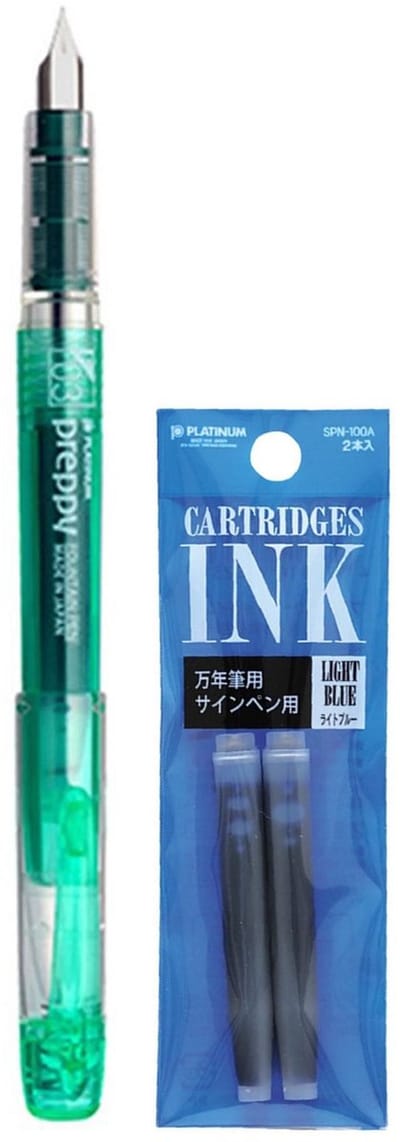 Platinum - Preppy Fountain pen Japan - Fine - 0,3 - GROEN - vullingen LICHTBLAUW