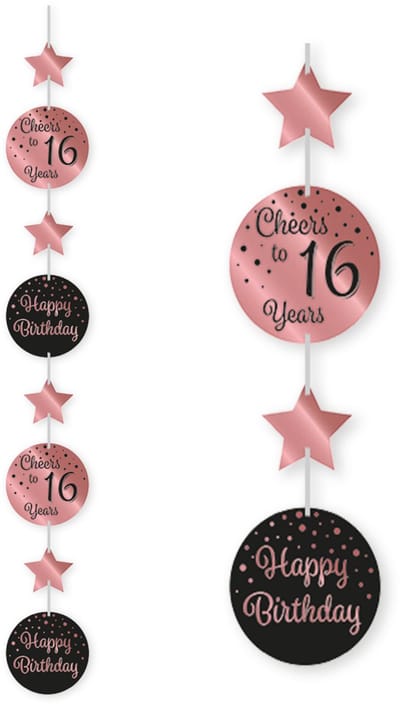 Q2P - 16 Jaar Versiering - Slingers - Verjaardag Versiering - Decoratie - Rose Goud & Zwart - Sweet sixteen - 1 Stuk