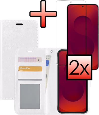 Hoesje - Met 2x Screenprotector - Geschikt voor Samsung Galaxy S25 - Luxe Pasjeshouder - Bookcase Portemonee - Flip Case - Kunstleer Book Case - Flipcase Hoes - Book Cover - Walletcase - Portemonneehoes - Wit