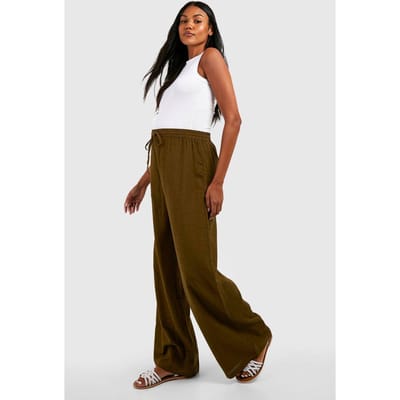 boohoo Dames Zwangerschapsbroek in linnen-look met trekkoord en wijde pijpen | Kaki | Maat: 42