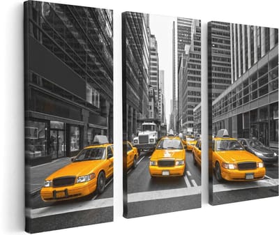 Artaza Canvas Schilderij Drieluik New York Gele Taxi's - Zwart Wit - 120x80 cm - Wanddecoratie Woonkamer - Schilderijen - Muurdecoratie