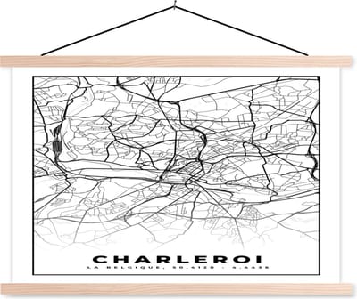 Posterhanger incl. Poster 90x60 cm - Schoolplaat - Plattegrond – Charleroi – Zwart Wit – Stadskaart - Kaart - België - Textielposter - Blanke latten - Stadskaart