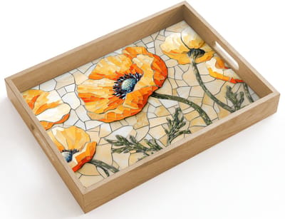 Dienblad hout 40x30 cm - Schootdienblad - Klaprozen - Oranje - Mozaïek - Bladeren - Borrelplank rechthoek - Plateau dienbladen
