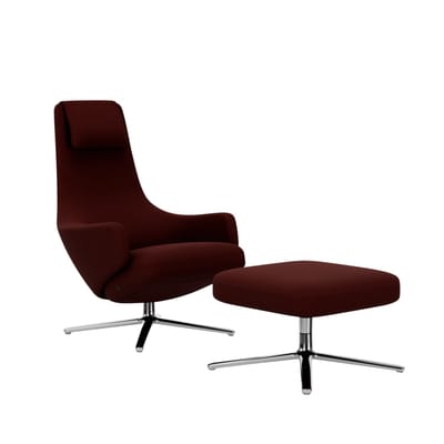 Vitra - Repos Fauteuil & Ottoman - gepolijst aluminium - Cosy2 kastanje - Zithoogte 40 cm - rood