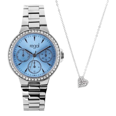 Lucardi - Dames Regal Dames Horloge Zilverkleurig adeauset met Gratis Ketting - Cadeau Set - Alloy - Zilverkleurig