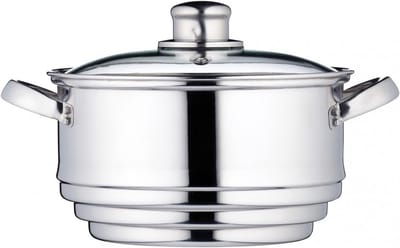 Stoompan - Stoommandje - Stoofpan met Deksel - 3 Laags - Zilver met Zwart - veelzijdig koken