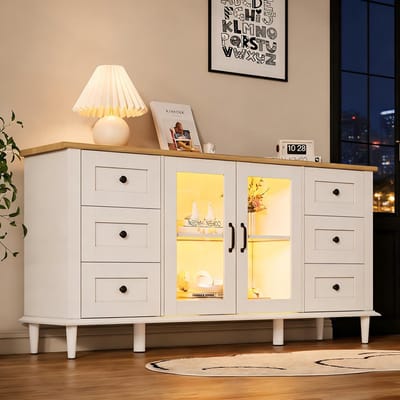 BLACKCOLORS Woonkamermeubel 150*40*75 cm, buffetkast met 2 acryl deuren, 6 lades, ledverlichting, eetkamermeubel, brede compartimenten zonder handgrepen, veelzijdig, bijzettafel voor bank, wit + houttint