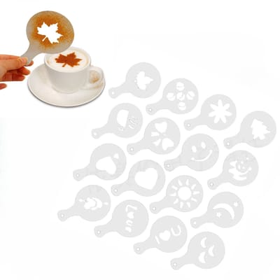 16 Stuks Koffie decoratie sjablonen – Draadtrekken - Mal voor mooi koffieafdrukken - Cappuccino sjabloon - Cacao sjablonen - Melkschuim - Spray - Thuis - Keuken - LOUZIR