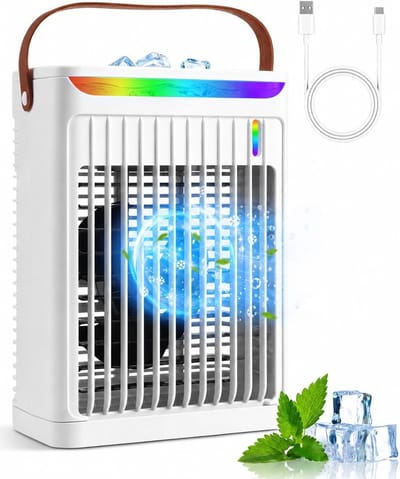 Luchtkoeler - Draagbare airconditioner - Met handvat Persoonlijke Koeler - Watertank van 680 ml - Met 5 ventilatorsnelheden en 2 nevelstanden en 7 kleuren Sfeerverlichting - Met 2/4/6 uur timer - Voor slaapkamer en kantoor - Wit