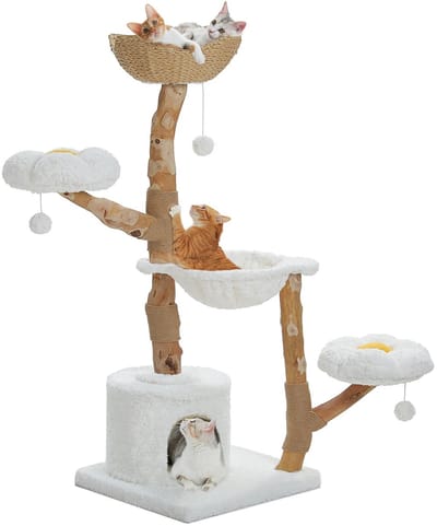 Venzor - Grote Krabpaal Toren – 5‑Laags Kattenboom met Sisal Krabpalen & Rieten Mand – Modern Kattenmeubel – Maat L – Wit