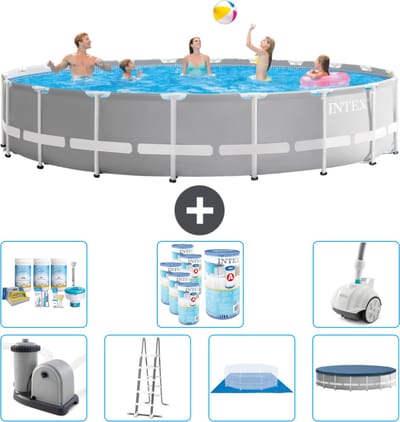 Intex Rond Prism Frame Zwembad - 610 x 132 cm - Grijs - Inclusief Pomp - Ladder - Grondzeil - Afdekzeil Onderhoudspakket - Filters - Stofzuiger
