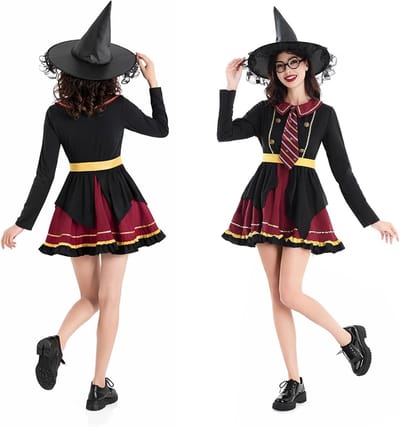 Vrouwelijk Tovenaarskostuum voor Kinderen met Magische Jurk en Heksenhoed voor Cosplay en Halloween Feestjes
