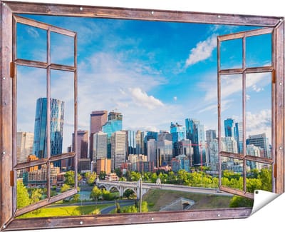 Gards Tuinposter Doorkijk Skyline Calgary Stad in Canada - 180x120 cm - Tuindoek - Tuindecoratie - Wanddecoratie buiten - Tuinschilderij