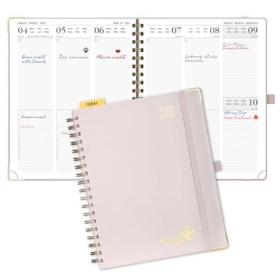 POPRUN Agenda 2025 2026 Weekly Planner 25.5 x 21.5 cm from Aug'25 - Dec'26, Vertical School Planner for 17 Months with Hard Cover and Spiral Binding, Paper 80 GSM, Light Pink