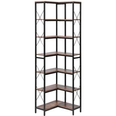 Étagère d'angle à 7 niveaux, Bibliothèque d'angle haute de rangement, Grand organisateur d'étagère d'angle en forme de L avec cadre métallique et étagères en bois, Présentoir de livres réversible