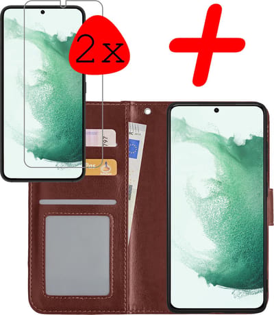 Hoesje Met 2x Screenprotector - Geschikt voor Samsung Galaxy S22 - Luxe Pasjeshouder - Bookcase Portemonee - Flip Case - Kunstleer Book Case - Flipcase Hoes - Book Cover - Walletcase - Portemonneehoes - Bruin