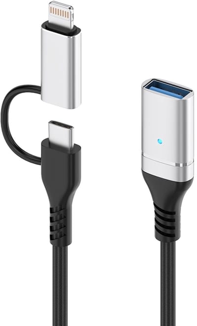2-in-1 OTG Adapter - USB 3.0 naar USB-C (Type-C) + 8-Pin - geschikt voor Android en iPhone - Bestanden Overzetten kabel - zilver
