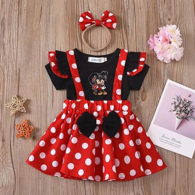 Ensemble 2 pièces Mickey Minnie Mouse Tenue Enfant Bébé Filles Été Soirée Enfants Pois Hauts Jupe Robe Cosplay avec Bandeau Nœud 100 (2-3Y) black