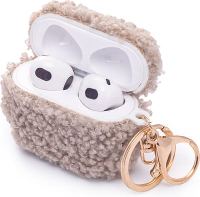 Casemania Hoesje Geschikt voor Apple AirPods 3 - Grijs - Schokbestendig Teddy Furr Cover met Ring & Sleutelhanger