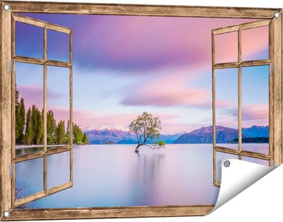 Gards Tuinposter Doorkijk Wanaka Boom in het Water bij Zonsopgang - 90x60 cm - Tuindoek - Tuindecoratie - Wanddecoratie buiten - Tuinschilderij