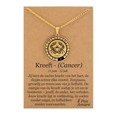 Sterrenbeeld Kreeft (Cancer) Ketting op Cadeau Kaartje - Goudkleurig - Roestvrij Staal Zodiac Talisman - Stainless Steel - 60cm - Pax Amare