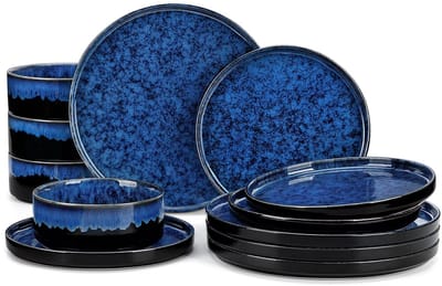 JOYNEXTBUY - 12-delige Serviesset Zwart | Blauw – Reactief Glazuur – 4 Persoons Dinerset – Dinerborden, Dessertborden & Kommen