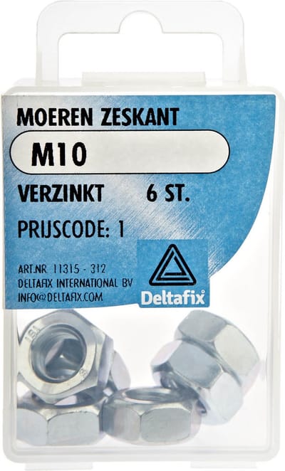 Deltafix moer zeskant verzinkt m10 din 934 6 st.