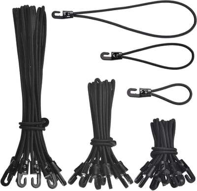 Tensioners met Haken, 30 Stuks Elastische Bandjes voor Zeilen, Tenten en Fietstassen, 10 cm, 15 cm, 25 cm, Ideaal voor Buitenactiviteiten, Zwart