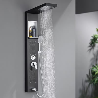 Auralum Max Douchepaneel met Massage - Regendouche - 5 functie Douchekolom - Compleet Douchesysteem - Met Inbouw wandplank - RVS - Douche Combinatie Set - Waterbesparend - Zwart