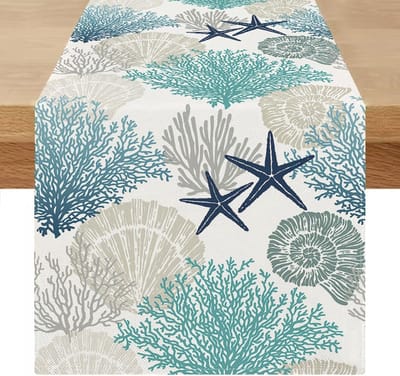 Tafelloper, blauw, groen, modern, afwasbaar, voor buiten, zomer, 40 x 180 cm, lang, weerbestendig, zeester, linnenlook, lente, tafelkleed, keuken, tafeldecoratie voor bruiloft, feest