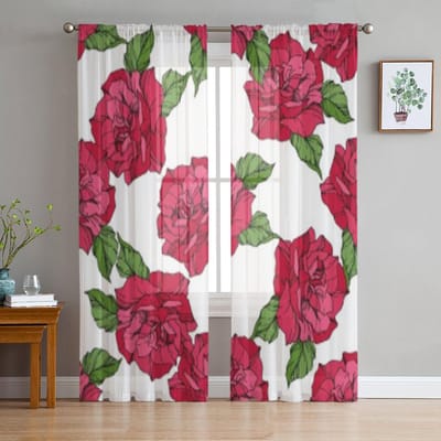 Wilde Lente Blad Transparante Gordijnen voor Woonkamer Transparante Tule Raambekleding Slaapkamer Keuken Huisdecoratie Sluier Gordijnen 135W x 114H(cm) pink
